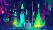 Animated banner of wizards. Landing page of witchcraft and mystery with wooden wand with green glow and sorcerer hat with feathers and pins.