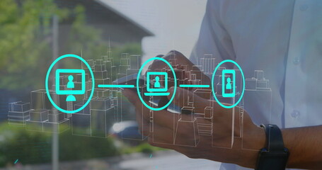 Poster - Image of tech icons and metaverse city over hands of caucasian man using smartphone