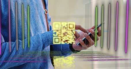 Poster - Image of data processing over woman using smartphone