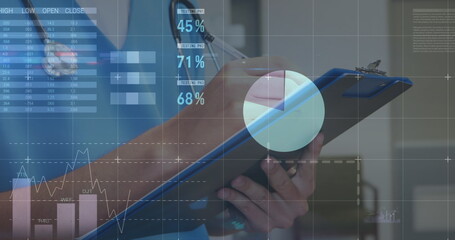 Poster - image of financial graphs and data over midsection of caucasian male doctor making notes