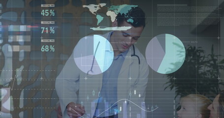 Poster - image of financial graphs and data over caucasian male doctor talking with patients