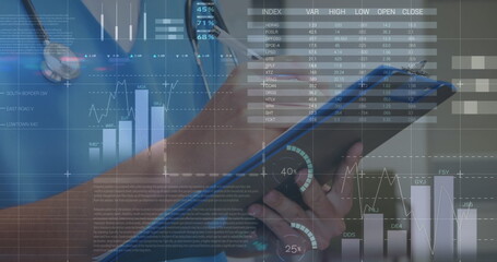 Poster - image of financial graphs and data over midsection of caucasian male doctor making notes
