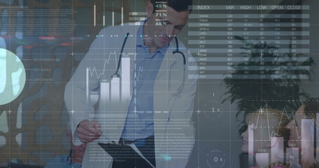 Poster - image of financial graphs and data over caucasian male doctor talking with patients