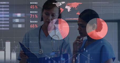 Wall Mural - Image of statistics and data processing over diverse doctors