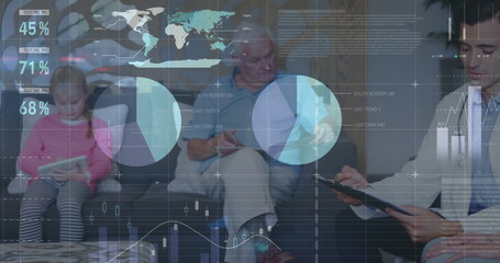 Poster - image of financial graphs and data over caucasian male doctor with patients