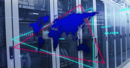 Poster - Image of world map over neon triangular shapes against computer server room