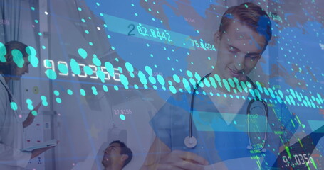 Poster - image of data processing over caucasian male health worker reading reports at hospital