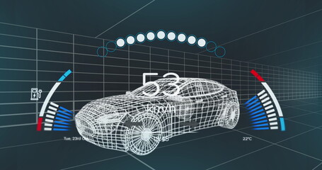Poster - Image of speedometer over 3d model of a car moving against blue background