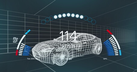 Poster - Image of speedometer over 3d model of a car moving against blue background