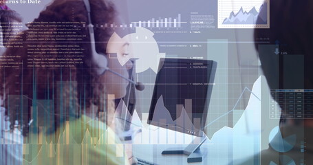 Poster - Image of statistical data processing over biracial woman wearing phone headset smiling at office
