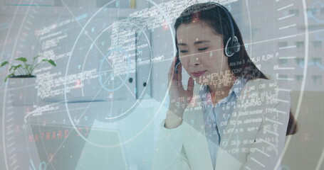 Poster - Image of data processing over asian businesswoman wearing phone headset using laptop at office