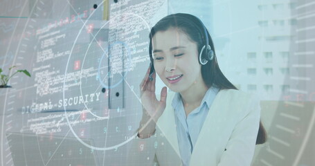 Poster - Image of data processing over asian businesswoman wearing phone headset using laptop at office