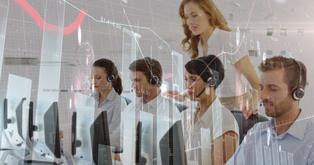 Poster - Image of statistical data processing over diverse customer care executives working at office