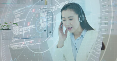 Poster - Image of data processing over asian businesswoman wearing phone headset using laptop at office