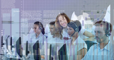 Poster - Image of statistical data processing over diverse customer care executives working at office