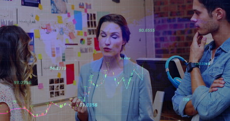 Poster - Image of financial data processing over diverse male and female colleagues discussing at office
