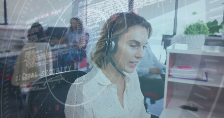 Poster - Image of statistical data processing over caucasian woman talking on phone headset at office