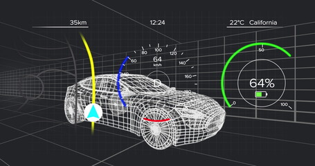 Poster - image of data processing over digital car on black background