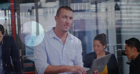 Poster - Image of statistical data processing over portrait of caucasian man using laptop at office