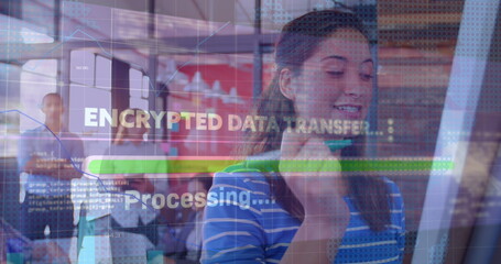Poster - Image of data processing over woman using smartphone while looking at car