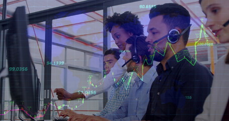 Canvas Print - Image of financial data processing over diverse customer care executives working at office