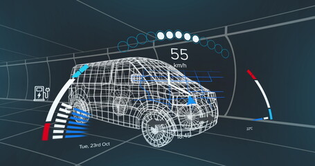 Poster - Image of speedometer over 3d model of a van moving against blue background