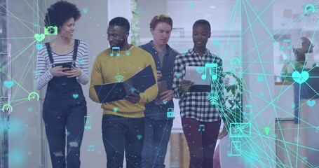 Poster - Image of network of connections over diverse coworkers talking in office