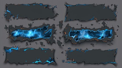 Poster - A modern realistic set of scorched and smoldering torn edges isolated on gray background with blue fire and black ash.