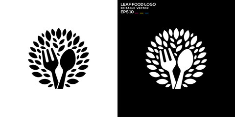 Wall Mural - Vector design template of spoon and fork combination with leaf logo, restaurant, equipment, cutlery, vegetables, diet, symbol icon EPS 10