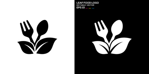 Wall Mural - Vector design template of spoon and fork combination with leaf logo, restaurant, equipment, cutlery, vegetables, diet, symbol icon EPS 10