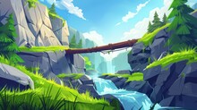 An Illustration Of A Log Bridge Crossing A River Between Two Cliffs With A Waterfall. A Beautiful Nature Background For Adventure Games. Rocks Mountains With Green Grass And Trees.