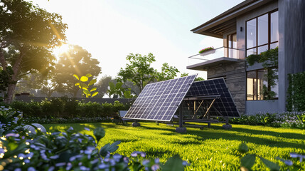 Solar panel in lush garden: A sustainable energy solution amidst greenery, capturing sunlight near a modern house.