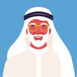 Portrait of an elderly Arab man with a white beard and eyeglasses. Middle Eastern Ethnicity businessman in national clothes. Vector flat illustration