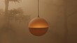   A ceiling-suspended light fixture in a room featuring foggy walls and tree silhouettes as the backdrop