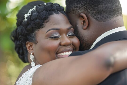 Close-up of the obese bride's radiant face, filled with tears of happiness as she embraces her partner in a warm hug 04