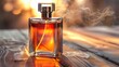   A bottle of perfume sits on a wooden table, its clear form contrasting with a softly blurred image of the top in the background