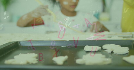 Poster - Image of letters and numbers falling over african american girl making cookies