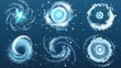 A realistic set of swirling winter air with snowflakes isolated on transparent background. Modern illustration of frosty whirlwind and icy stream vortex.