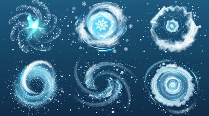 Sticker - A realistic set of swirling winter air with snowflakes isolated on transparent background. Modern illustration of frosty whirlwind and icy stream vortex.