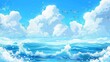 Waves of the ocean and blue sky with clouds in a modern illustration. Cartoon panoramic landscape of a seaside with flying birds, water splashes, foam and clear skies.