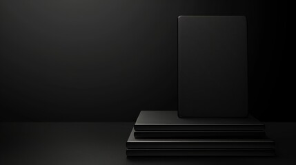 Wall Mural -   Three black pedestals stand on a black floor, facing a black wall in a dimly lit room