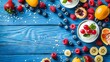 Refreshing dairy delight with sweet fruit pastries on blue wooden table