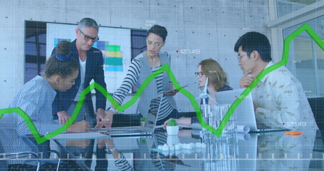 Poster - Image of financial data processing over diverse business people