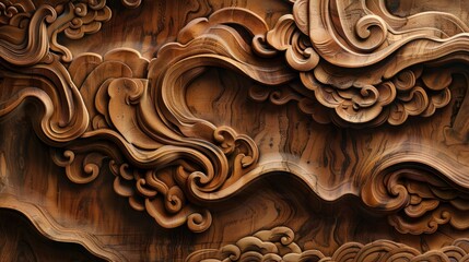 Poster - Abstract wooden carving background, carved Chinese motifs with abstract shapes and texture, waves, lines, swashes, natural eco color palette, AI generated