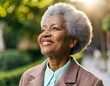 Grateful Senior African American woman closing eyes mature lady in Spiritual contemplation standing outdoor