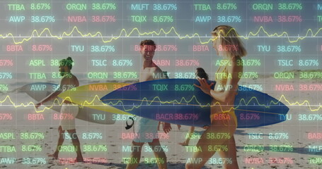 Poster - Image of financial data processing over friends with surfboards on beach