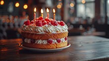   A Cake Sits Atop A Wooden Table, Its Surface Draped In Frosting, Generous Portions Of Raspberries Adorning The Peak