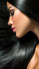 Wall Mural - Beautiful brunette woman with long shiny hair on dark background   hair care and beauty concept