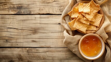   A bowl of tortilla chips beside a bag on a wooden table