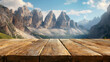 Empty wooden table with a panoramic view of the dolomite mountains in the background. Copy space. Generative AI